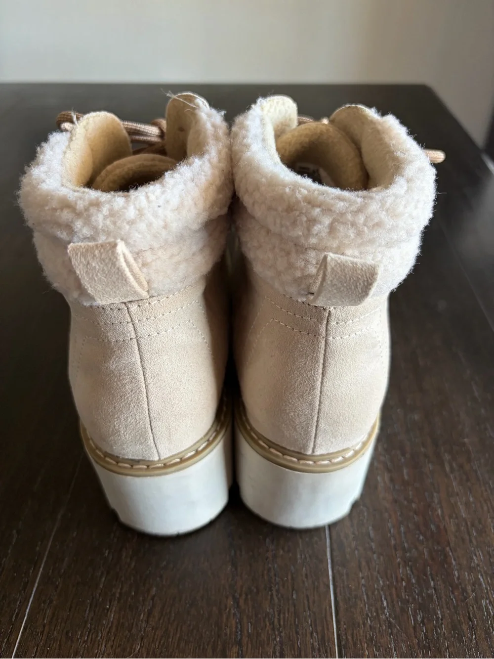 Women's Cream Lace-Up Faux Shearling Ankle Boots